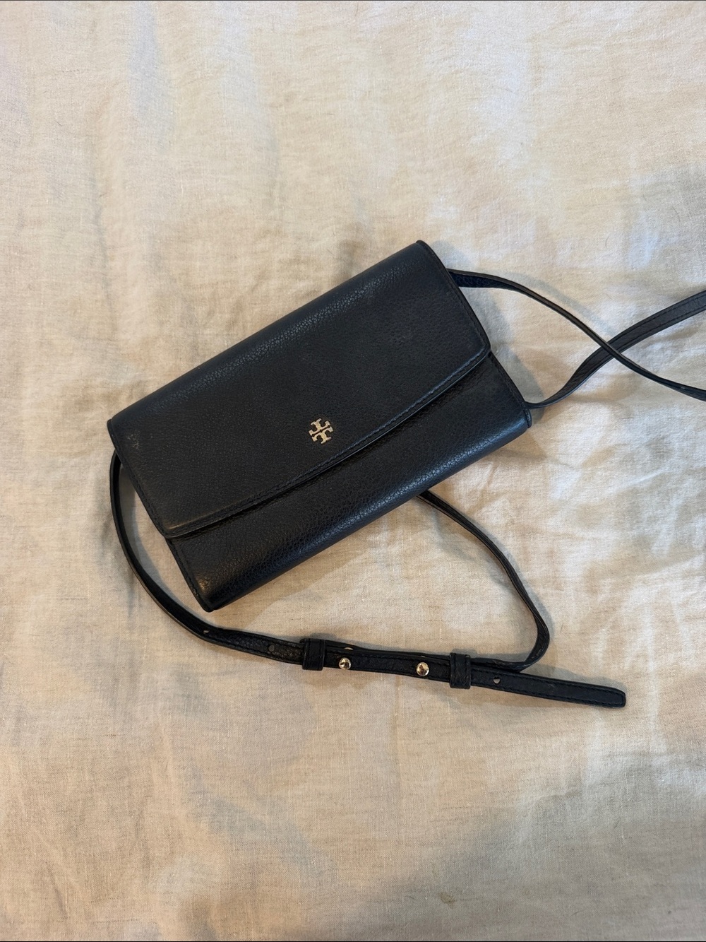 Tory Burch Black Leather Crossbody Wallet with Gold Logo